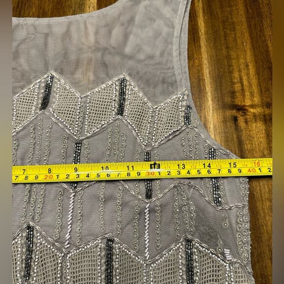 Sundance Mesh Overlay Beaded Chevron Silver Grey Dress Size 10 EUC - Picture 3 of 6